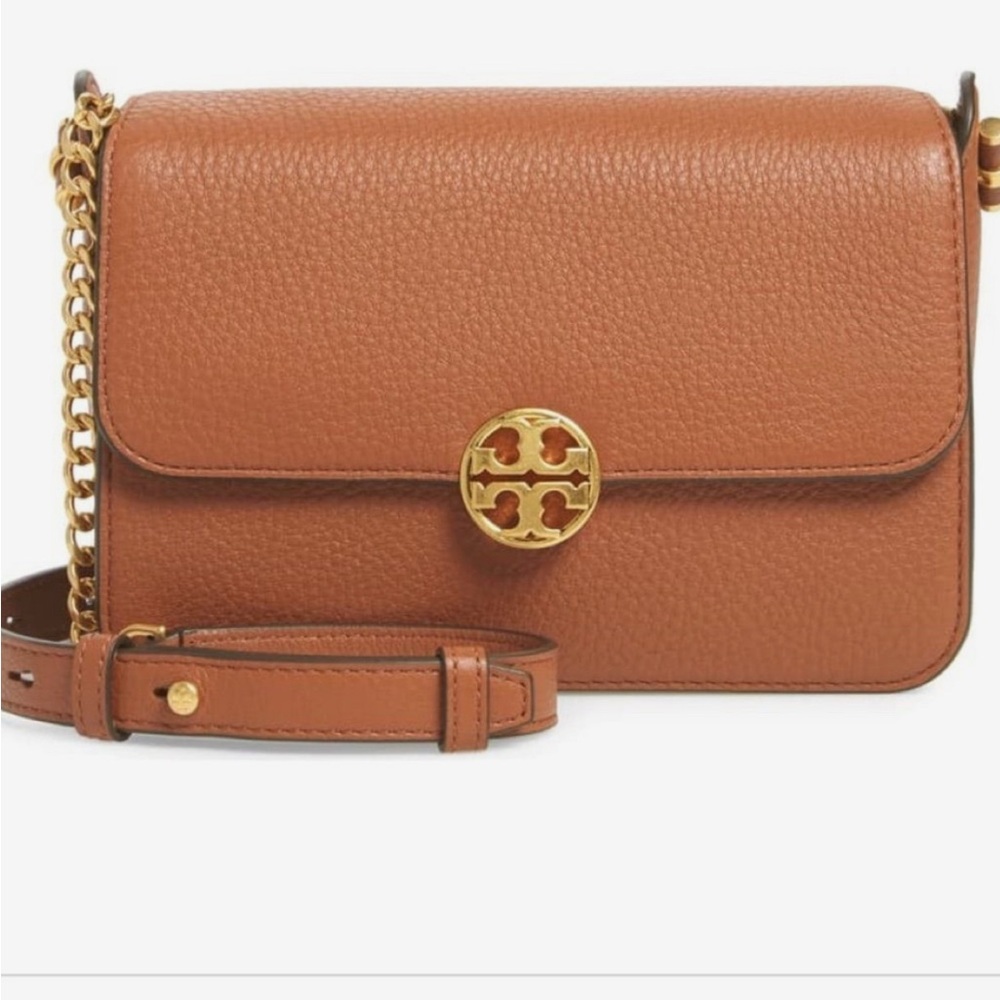 Tory Burch Brown Gold Crossbody Bag with Logo Medallion